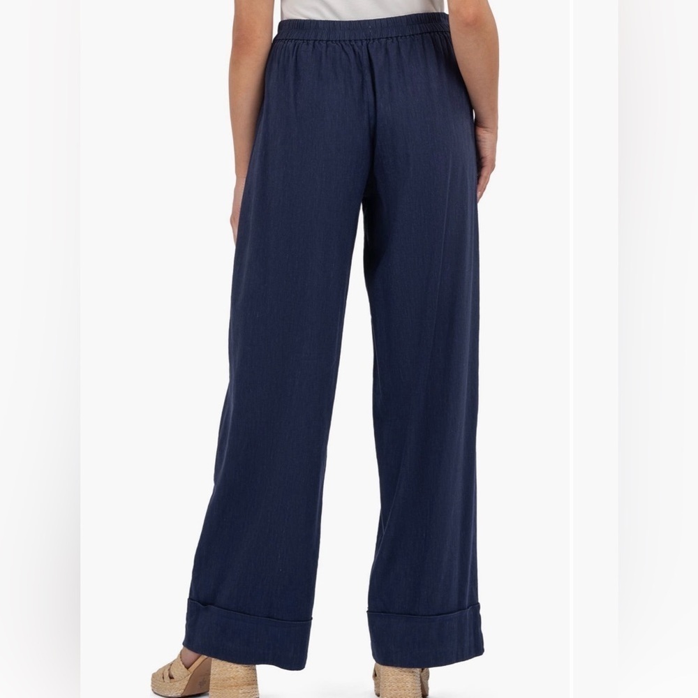 KFK Meg Navy Linen Blend Wide Leg Pull On Trousers Pockets Cuffed Sz MP - Picture 6 of 14